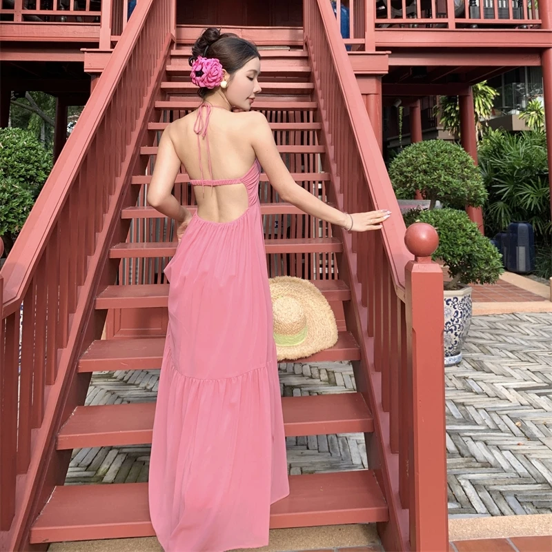 

Popular Ruched Formal Prom Women Dress Summer Pink Beach Vacation Slim Chiffon Dress Halter A-line Party Elegant Dress New