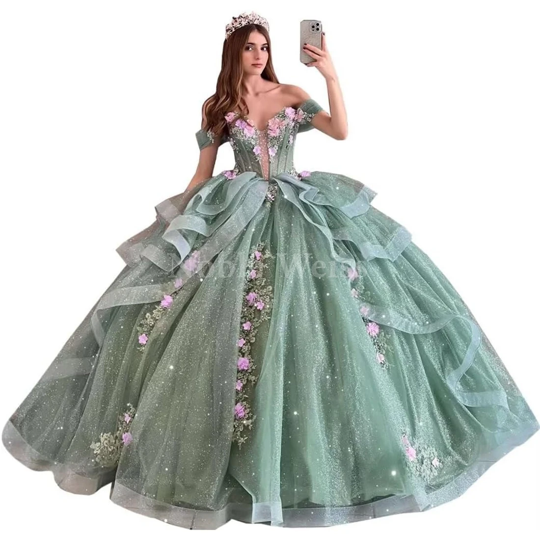 

Off Shoulder Quinceanera Dresses Ball Gown Pink 3D Flowers Beaded Lace Tulle Sweet 16 Dresses Customize