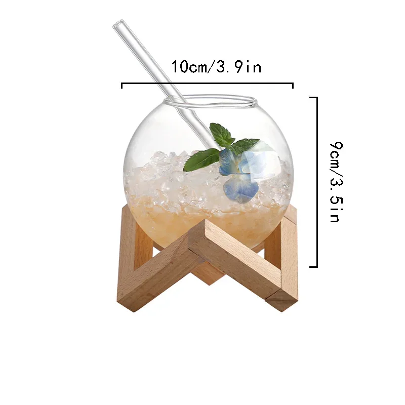 Drink Glass Cup With Wood Stand Creative Lunar Round Shape Drink Cup Cocktail Mug Smoothie Fruit Moon Juice Tumbler Transparent