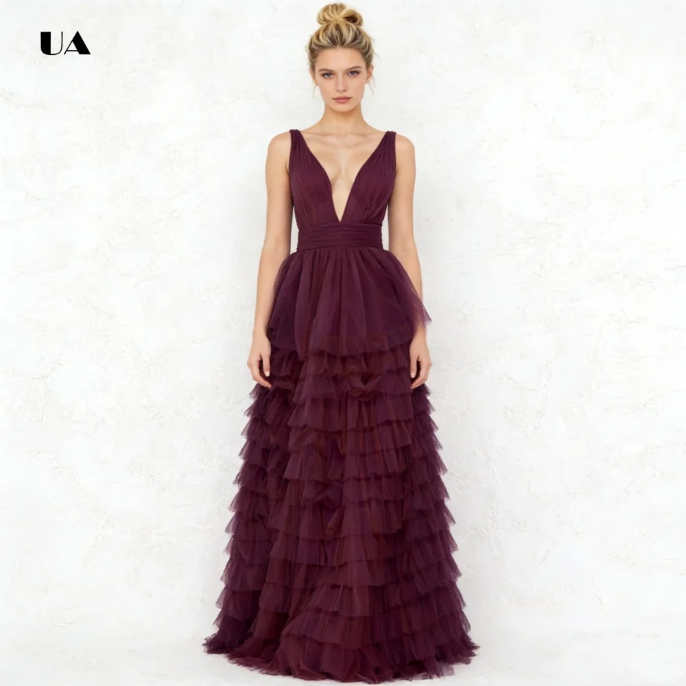 فستان حفلة موسيقية بسيط مكشكش بطبقات مع رقبة على شكل حرف V عميقة، فساتين سهرة شبكية صلبة للنساء، فستان حفلات كلاسيكي مخصص