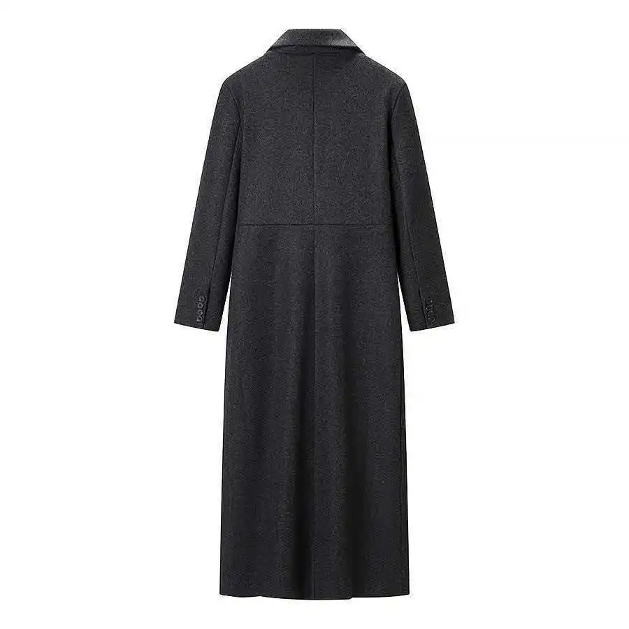 KIDCRKJ Versatile Elegant Women Woolen Jacket Darkgrey Lapel Collar Single Breasted Lady Overcoat Long Temperament Female Coat