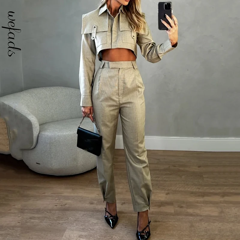 Wefads 2 Piece Set 2024 Women Fashion Solid Long Sleeve Lapel Singe Breasted Button High Waits Top Loose With Pockets Pants Sets