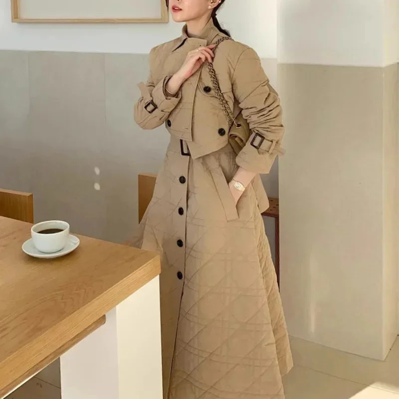 

Korean Women's Dresses Jacket 2 Piece Set Cotton Coat Patchwork Turn-down Collar Princess Sleeve Vintage Elegant Long Dress Top