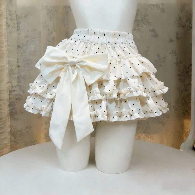 Womens Summer Mini Skirt Sweet Ball Gown Polka Dot Elastic Waist Y2k Clothes Lolita Ladies Casual Bow Pumpkin Skirts with Shorts
