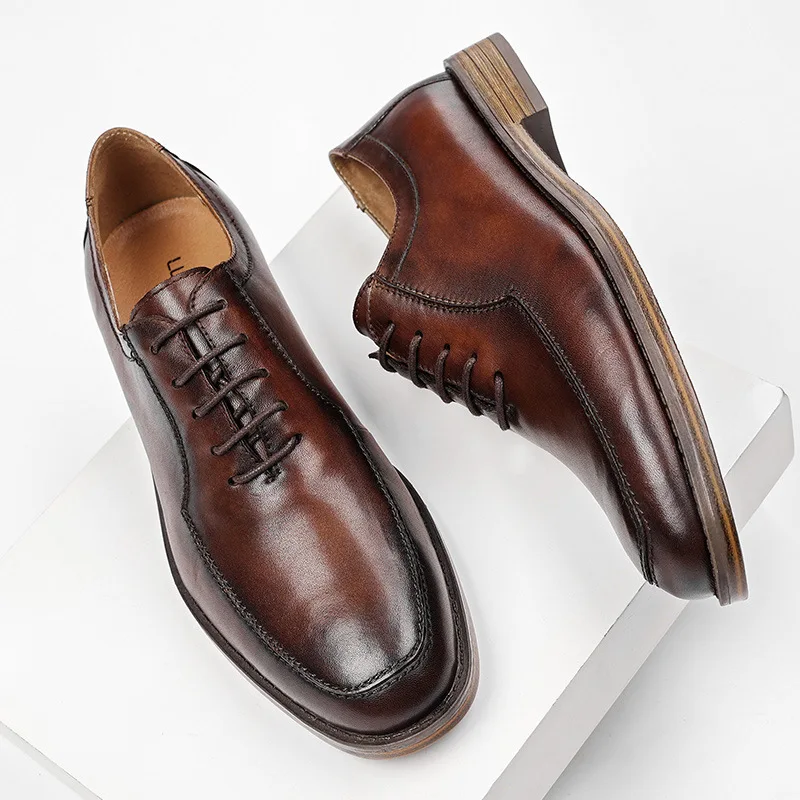 Hot Genuine Leather Shoes Men Wedding Office Dress Shoes Brown Patina Handmade Lace-Up Shoes Business Oxford Footwear