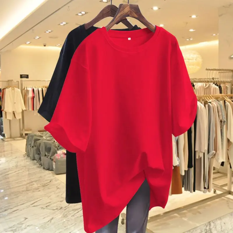 Women Clothing Fashion Cotton O-neck Short Sleeve T-shirt Summer Casual Loose Oversized Solid Top Tee Basic Pullover 45-105Kg