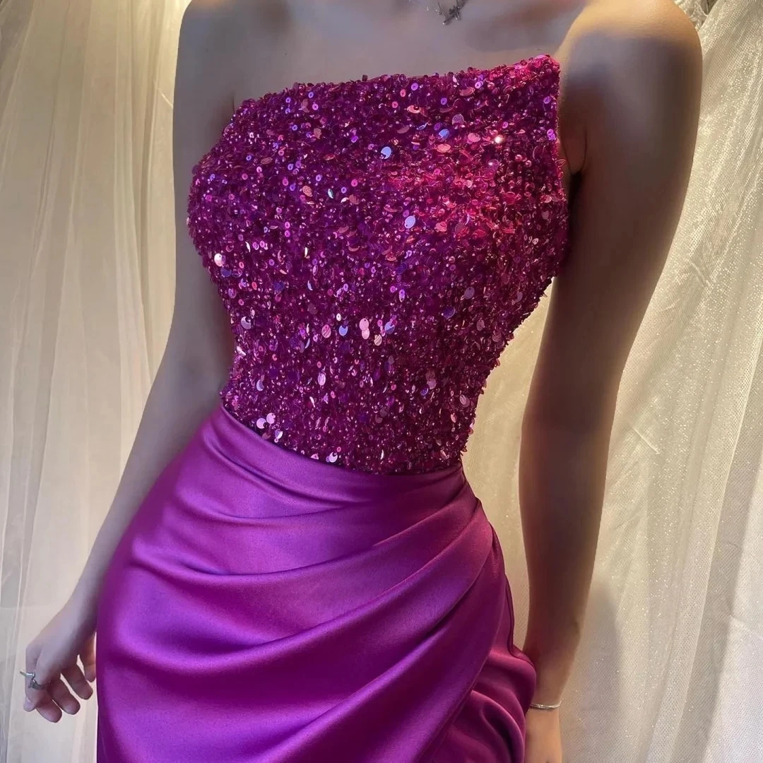 섹시한 로즈 레드 스팽글 프롬 드레스 2026 스트랩리스 레이스업 실트 롱 이브닝 생일 파티 정장 드레스 베스티도스 데 달라