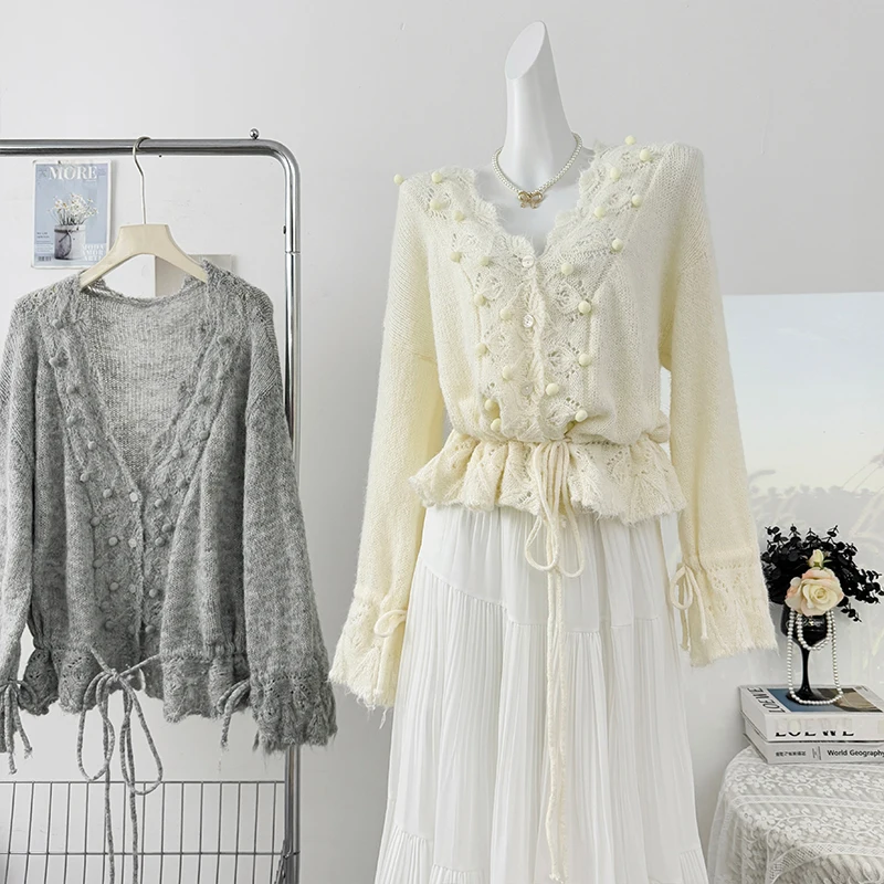 

Свободный повседневный кардиган с v-образным вырезом и длинными рукавами, женский осенний новый корейский стиль, однотонные универсальные вязаные топы на шнуровке