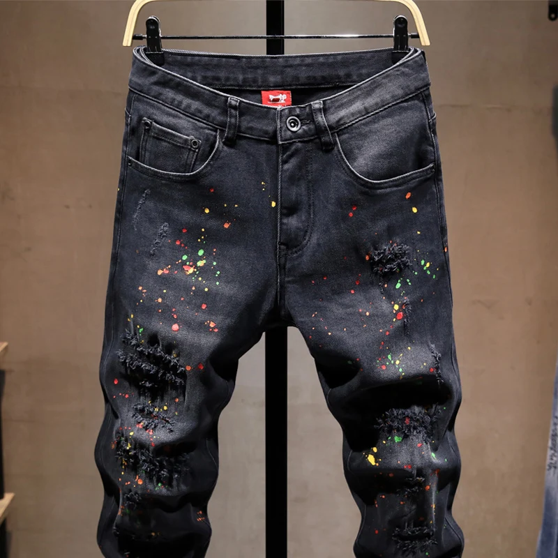 Street Designer Fashion Men Jeans Black Stretch Slim Fit Painted Ripped Jeans Men Embroidery Patched Hip Hop Vintage Denim Pants
