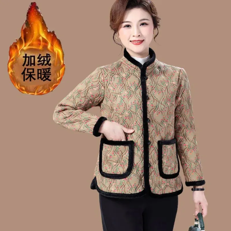 Middle Aged Elderly Women Winter Cotton Jacket New Casual Fashion Retro Add Velvet Warmth Cotton Coat Printed Outerwear 6XL