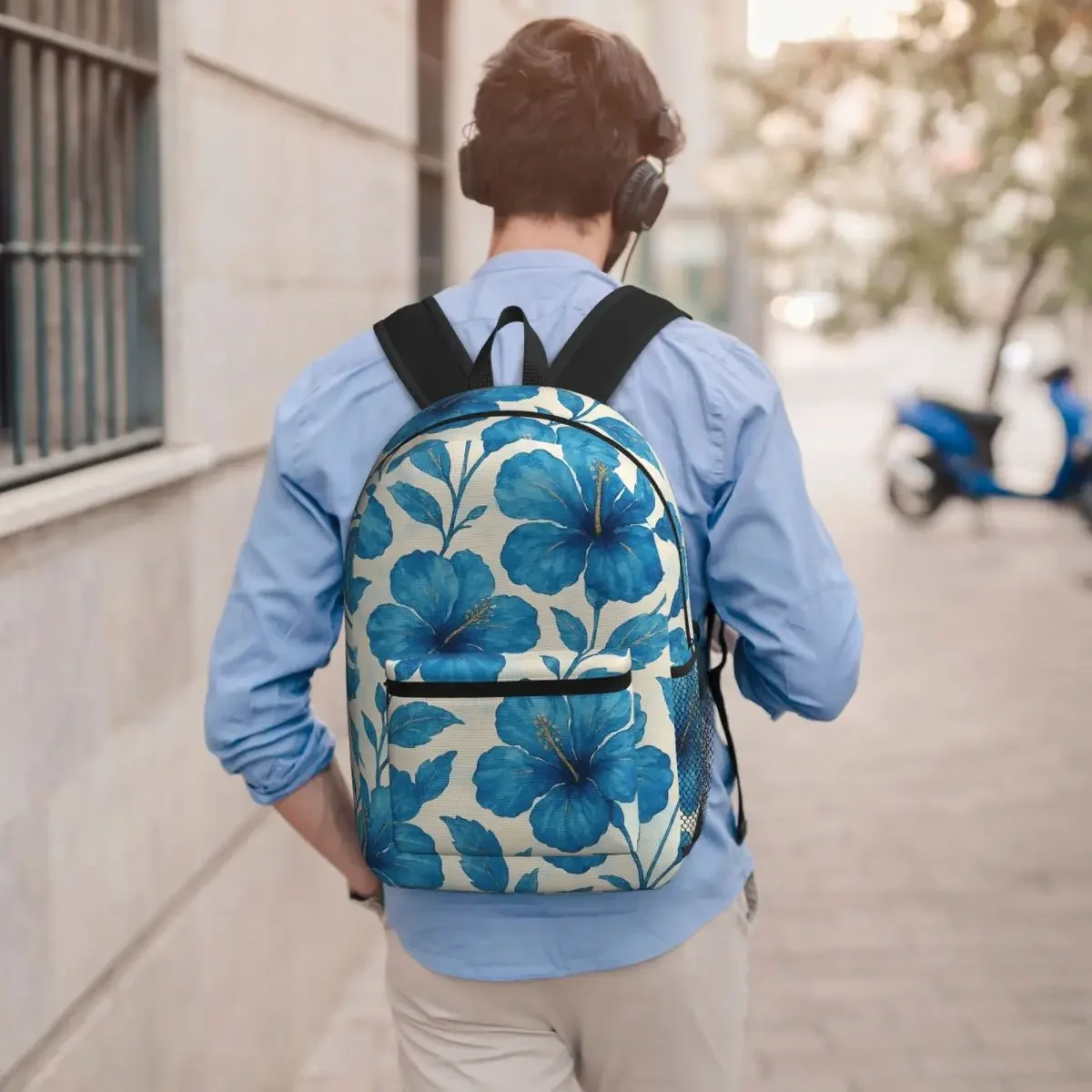 Blue Hibiscus Flower Design Backpack Student BookBag Children School Bag Computer Shoulder Bags for Men Women