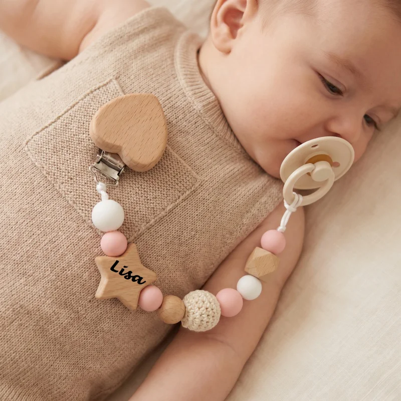 Personalized Baby Pacifier Clip Chain Custom Name Silicone Wooden Teether Holder BPA Free Soother Dummy Clips Baby Shower Gift