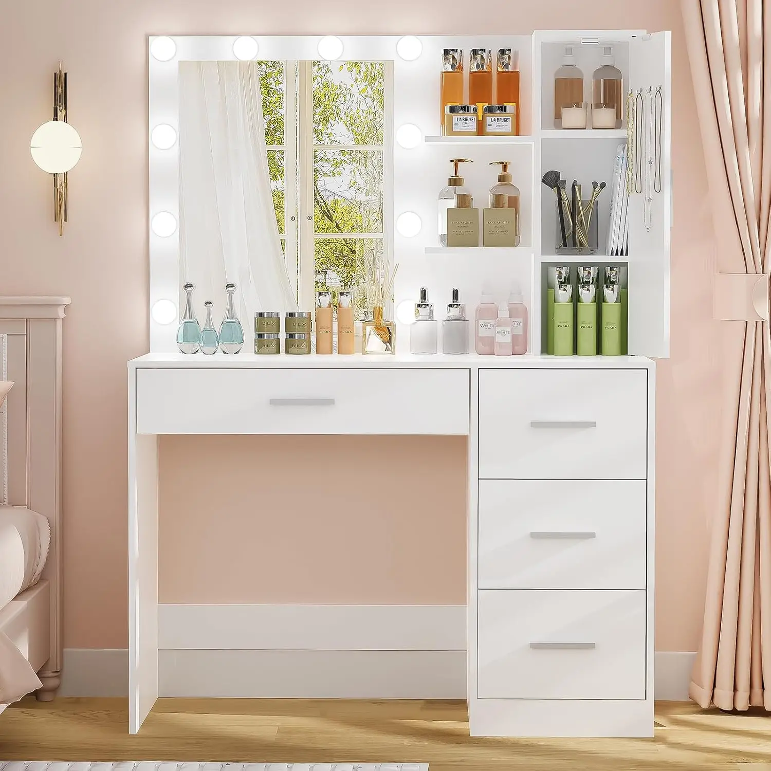 usikey Makeup Vanity with Lights, Vanity Desk with Mirror and 10 LED Lights, Vanity Table Set with 4 Drawers, Cabinet & 4 Neckla