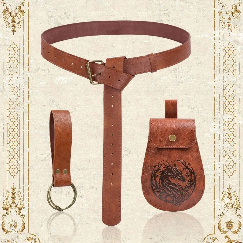 Vintage Belt Set with Engraved Dragon Pattern Storage Pouch and Skirt Clips | Medieval Fantasy Role-Playing Accessories