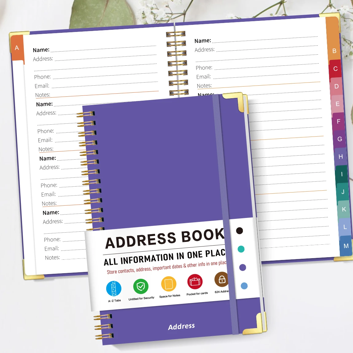 Purple A5 Address Book with A-Z Tabs, Spiral Bound Contact Notebook, Hardcover Organizer with Elastic Band