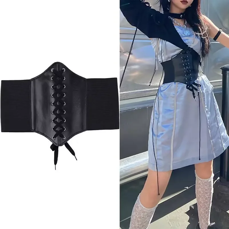Women Black Tied Waspie Belt Lace-up Cinch Belt Corset Elastic Waist Belt Pu Leather Elastic Sexy Bridal Corsets and Bustiers