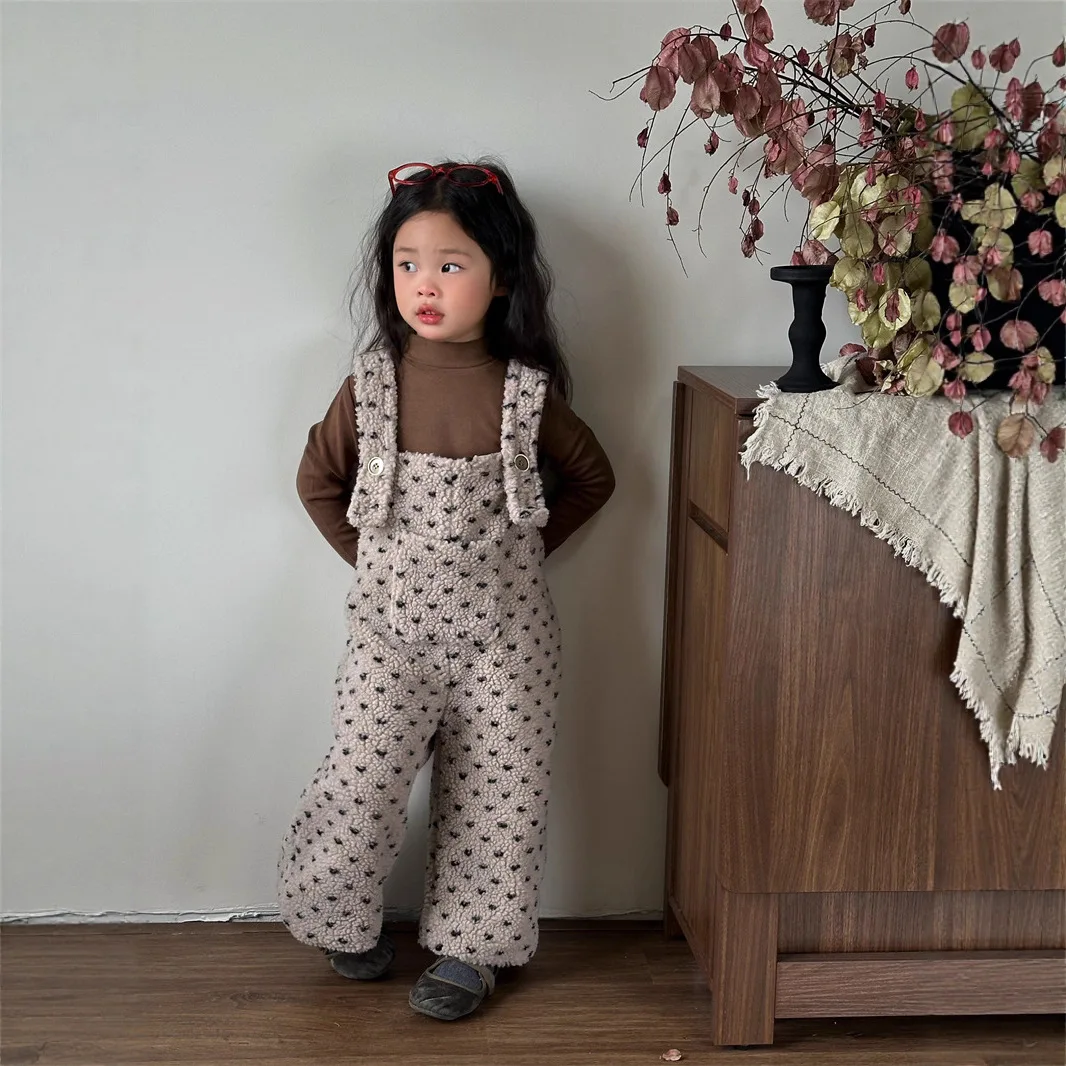 

Girls Set 2025 Autumn Winter New Collection with Fleece Love Lamb Wool Loose Strap Jumpsuit Half High Collar Bottom Shirt