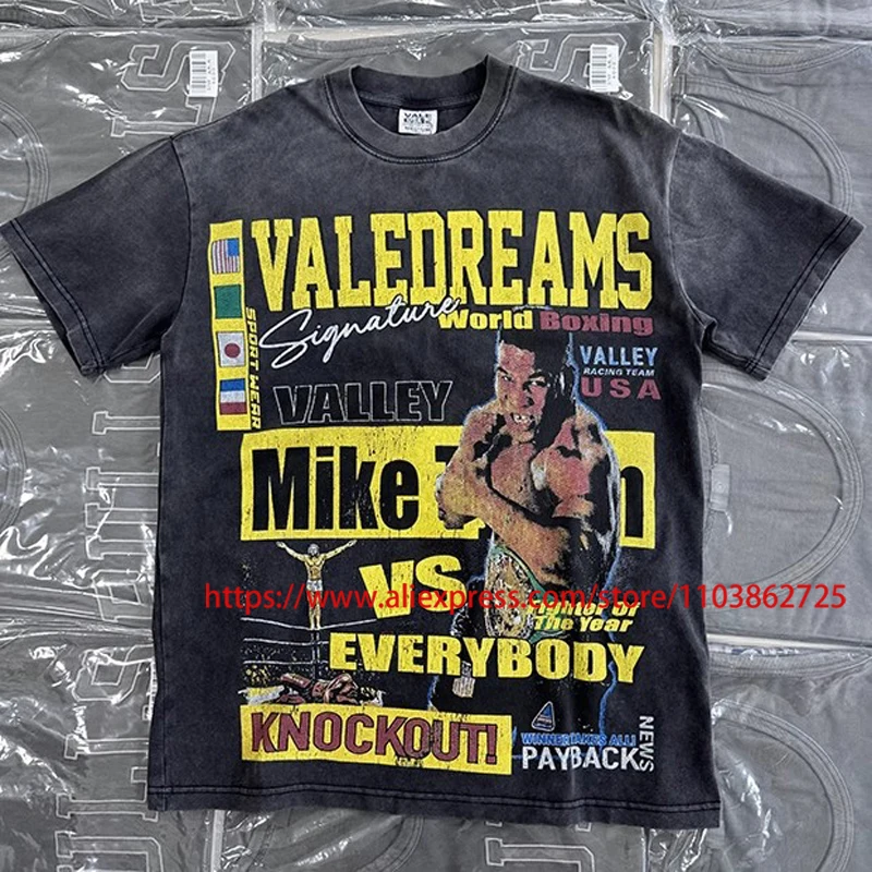 

Niche Brand VALE T-shirts Retro Washed Black Boxing Match Print Tops 25ss Summer High Street VALLEY Short Sleeve
