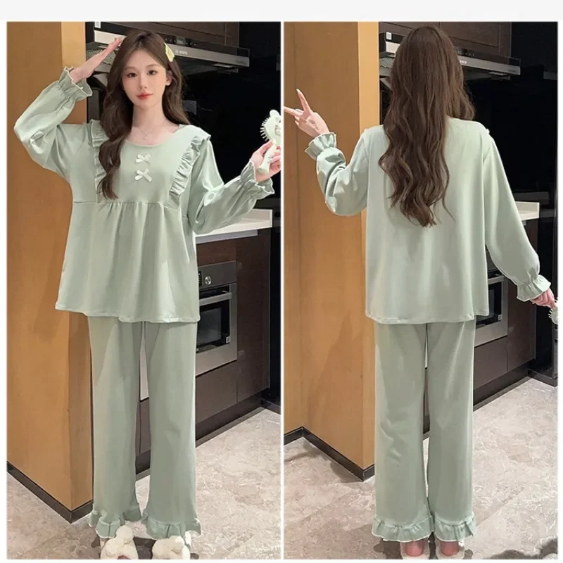 Plus Size Bow Sweet Velvet Pajamas set with Chest Pad Women Autumn Winter Solid Long Sleeve Loose Loungewear Home Clothes Outfit