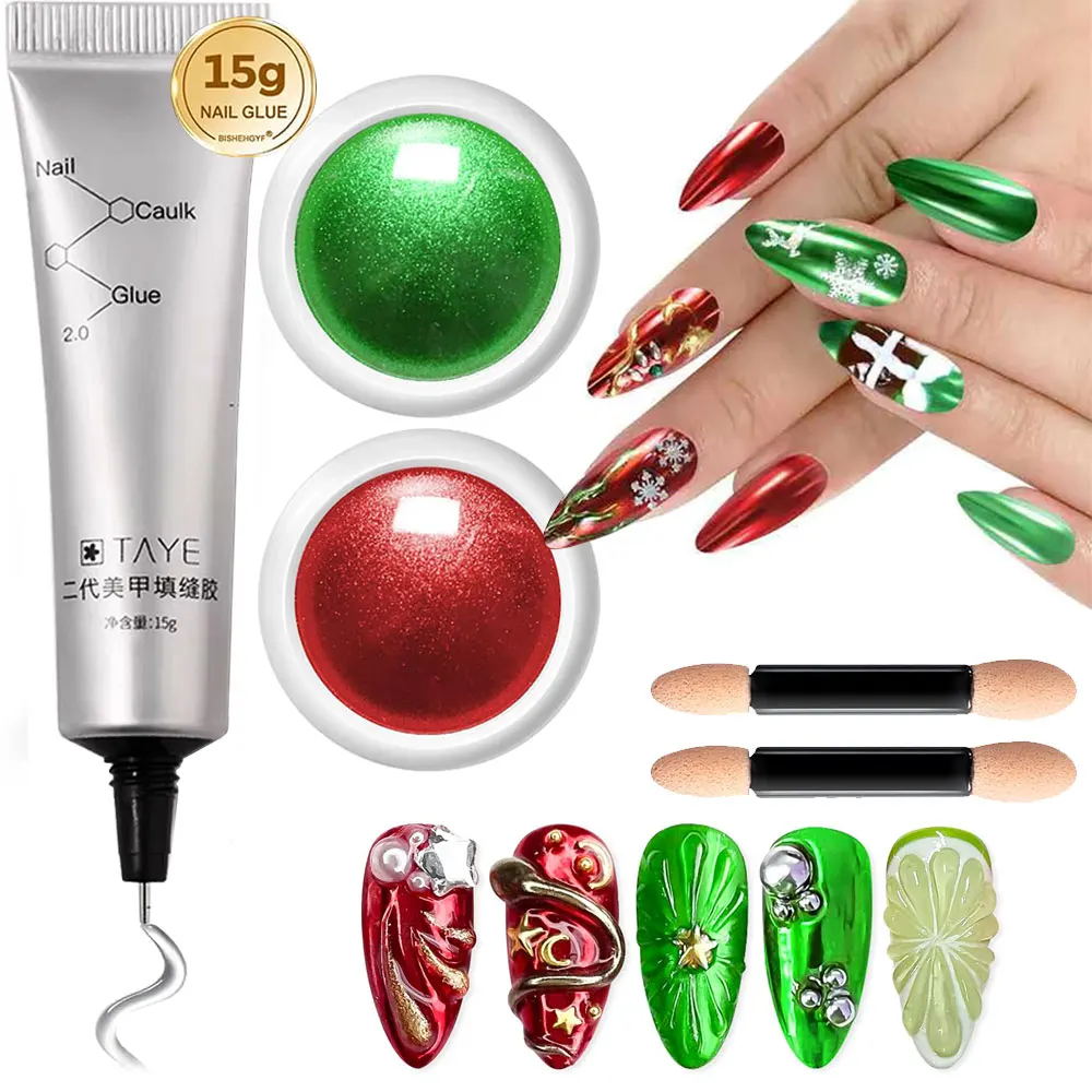 

3PCS Christmas Red Green Chrome Nail Powder & 3D Nail Sculpting Gel Mirror Metalic Effect Nail Pigment Christmas DIY Nails YU7