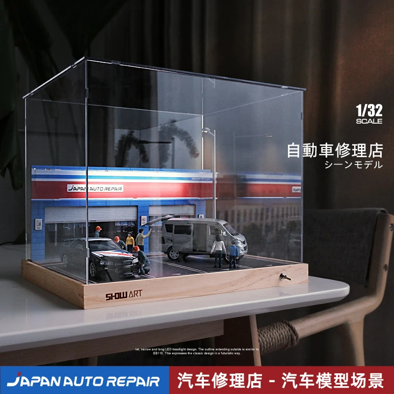 

1/32 Simulation Car Repair Shop Street Building View Scene Parking Place Garage with Dust Box for Miniatures Cars Vehicles Diora