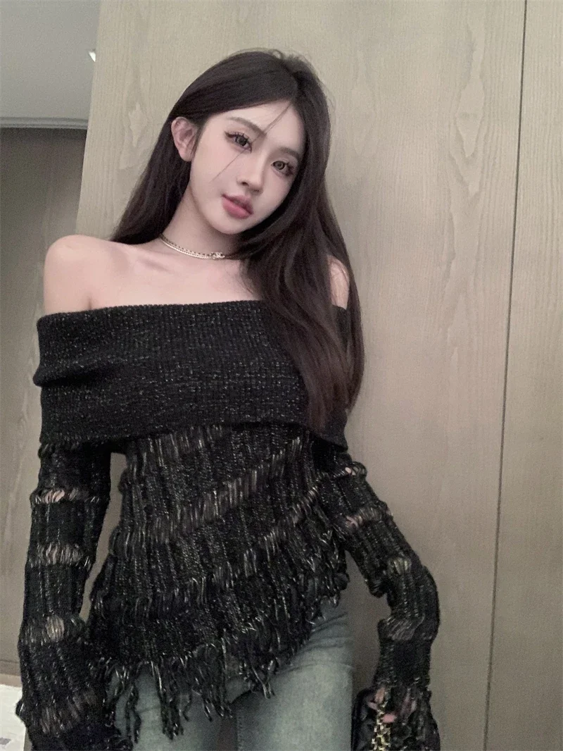 

Сексуальные пуловеры, женские модные винтажные трикотажные джемперы, туника с разрезом на шее, Sueter Mujer, вязаный свитер с кисточками Y2k, топы