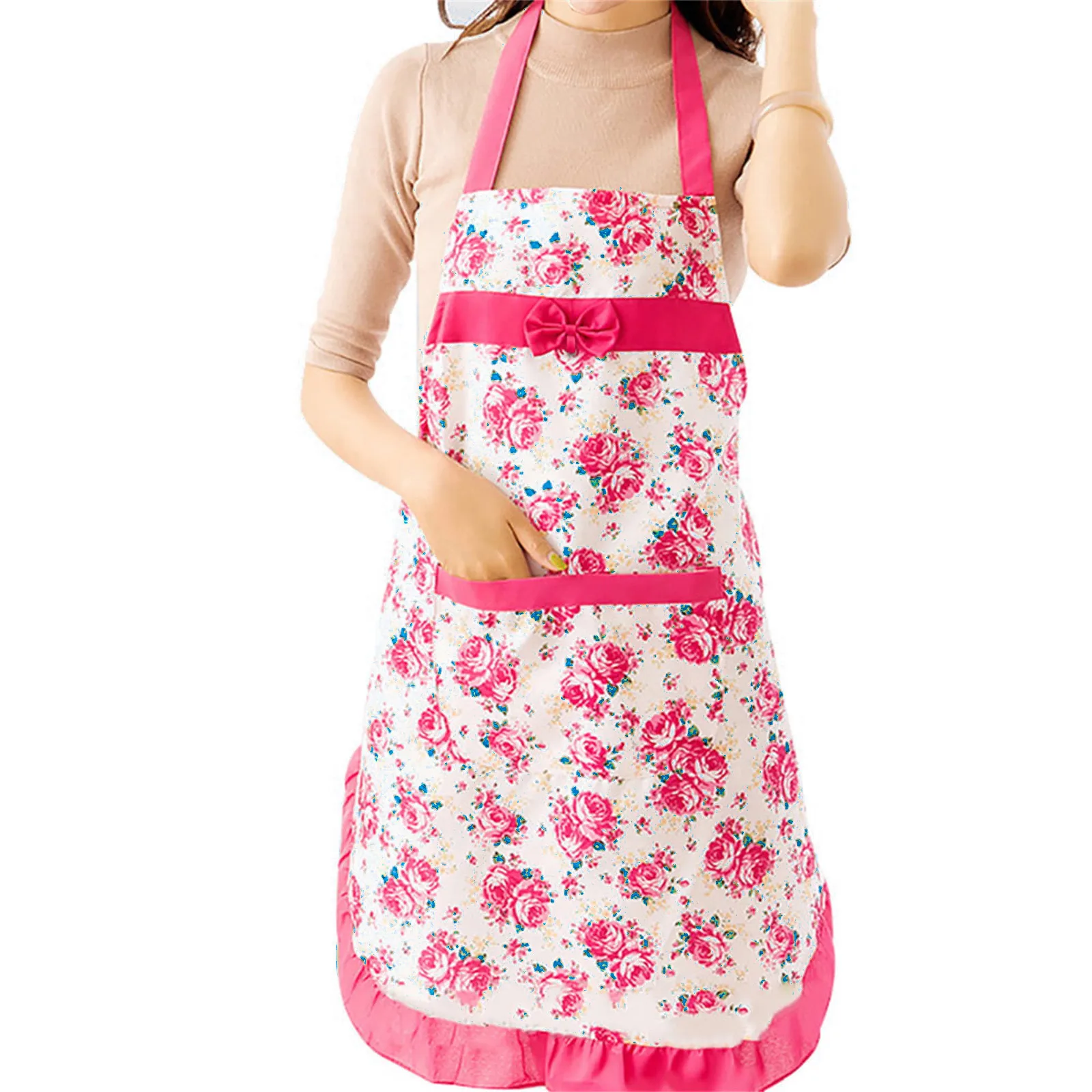 Woman‘s Floral Aprons With Pocket Household Waterproof Oil-Proof Bib Apron Cooking Baking Coffee Anti-fouling Kitchen Apron