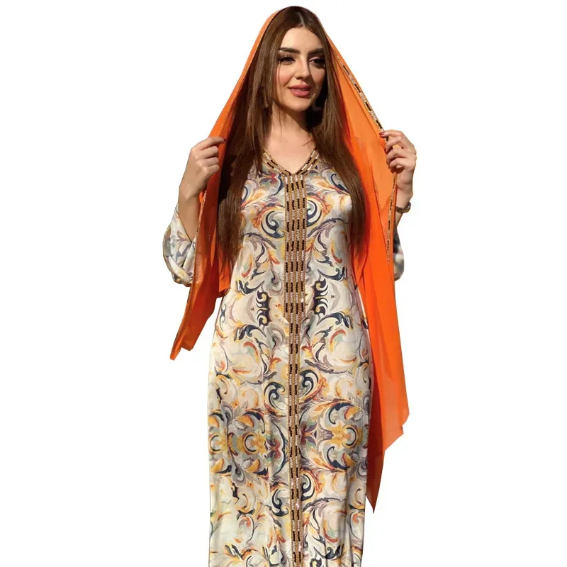 Fashion Floral Print Muslim Dress Women Dubai Arab Abaya Dubai Arabic Turkey Moroccon Kaftan Islamic Clothing India Gown Robe