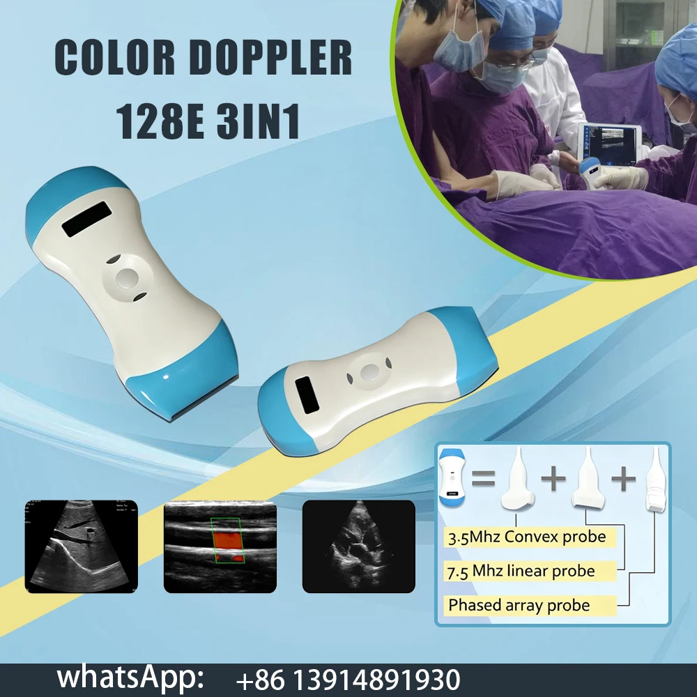 Sonde d'échographie Doppler couleur haute définition, 128 éléments, double tête 3-en-1, scanner portable sans fil WIFI