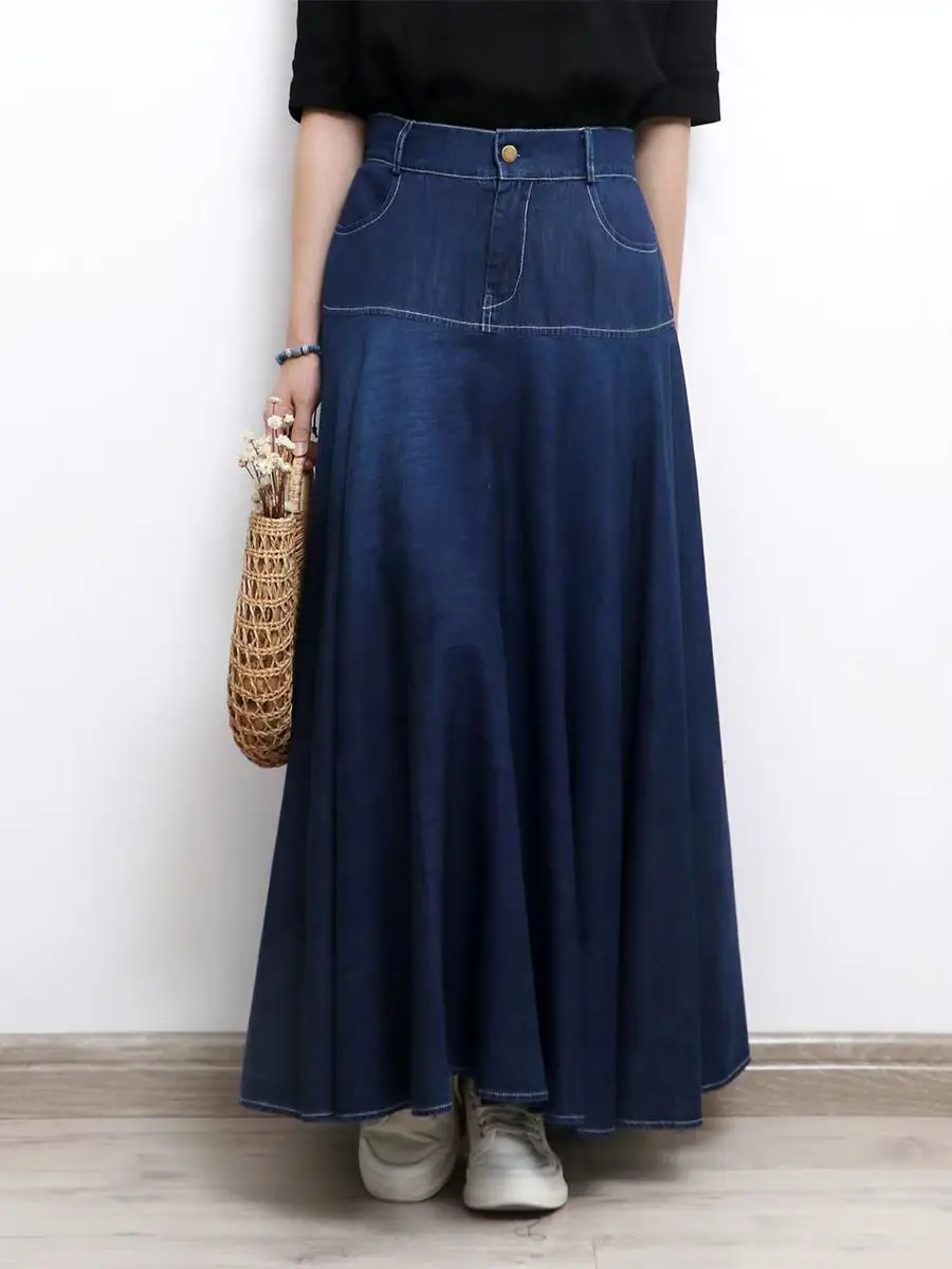 

TIYIHAILEY Long Maxi A-line Women Long Maxi Skirts Elastic Waist Spring And Summer Lady Big Hem Deep Blue A-line 2024 New