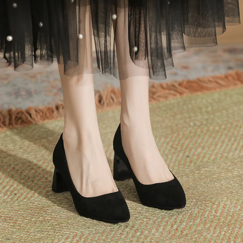 

Point Toe Chunky High Heel Shoes Large Size 30-44 Black Work Shoes Women Beige Heels