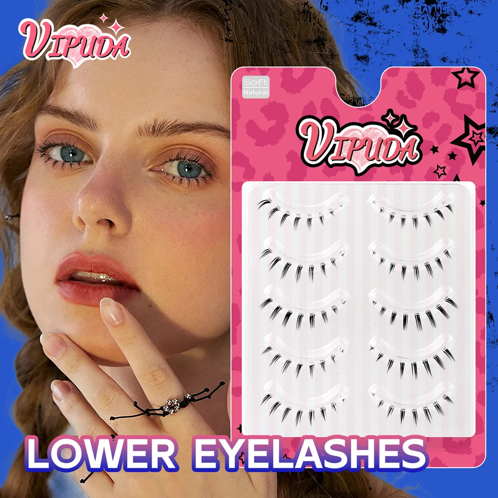 Vipuda Lower Lashes 5 Pairs Clear Band Bottom Lashes Natural Wispy Handmade Under Eye Lashes Extensions Soft Fake Lashes Pack