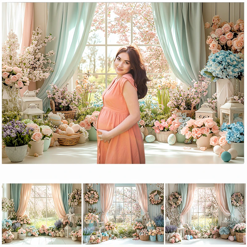 

LS Photography Background Spring Easter Curtains Window Colorful Floral Eggs Kids Birthday Portrait Decor Backdrop Photo Studio