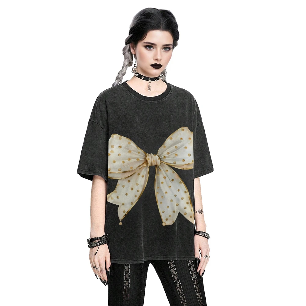 

Y2K Clothes Polka Dot Bow Tee All-Cotton, High-Quality Oversize Washed Tee Gold Polka Dot Bow Design, Trendy Y2K Trend