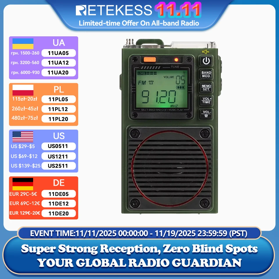 Retekess TR111 radio portátil pequeña,mini radio fm portátil recargable, Radio FM Digital,AM, FM,SW,WB,VHF,SSB onda corta, multibanda radio, despertador,SOS alarme,control de aplicación remota