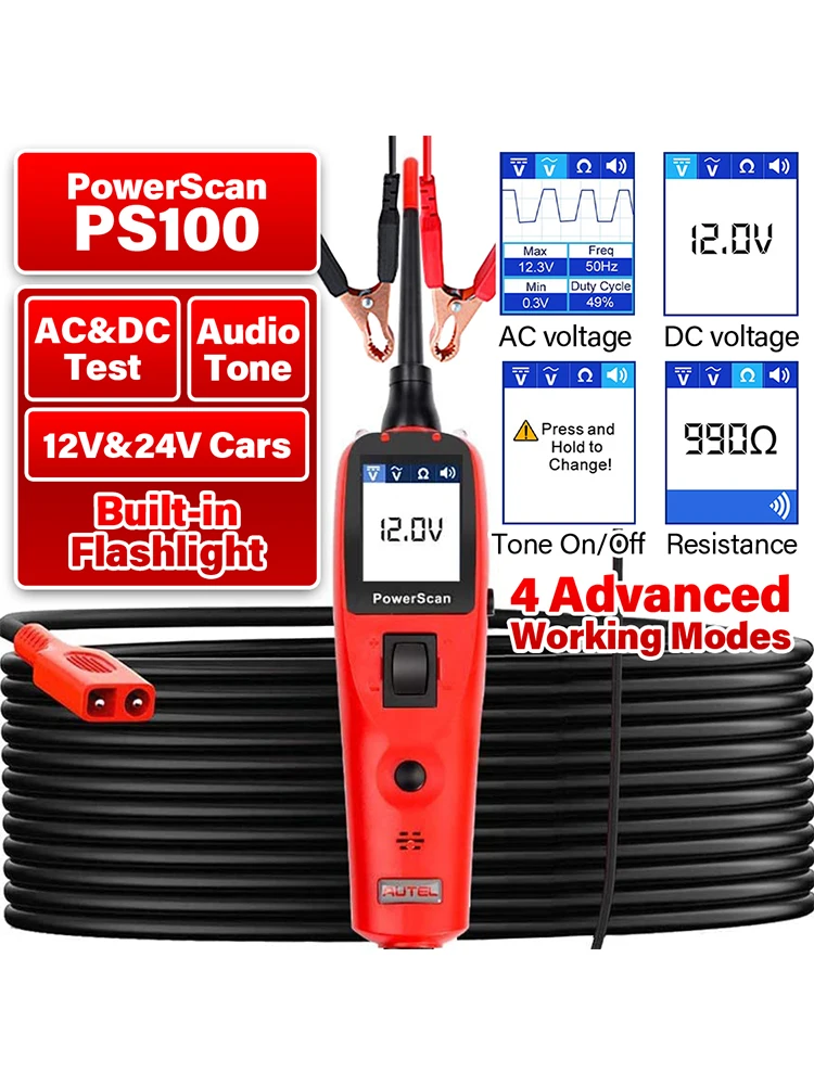 Autel PowerScan PS100 Kfz-Stromkreistester Universal 12V 24V Stromkreis-Messwerkzeug mit Eingebauter Taschenlampe