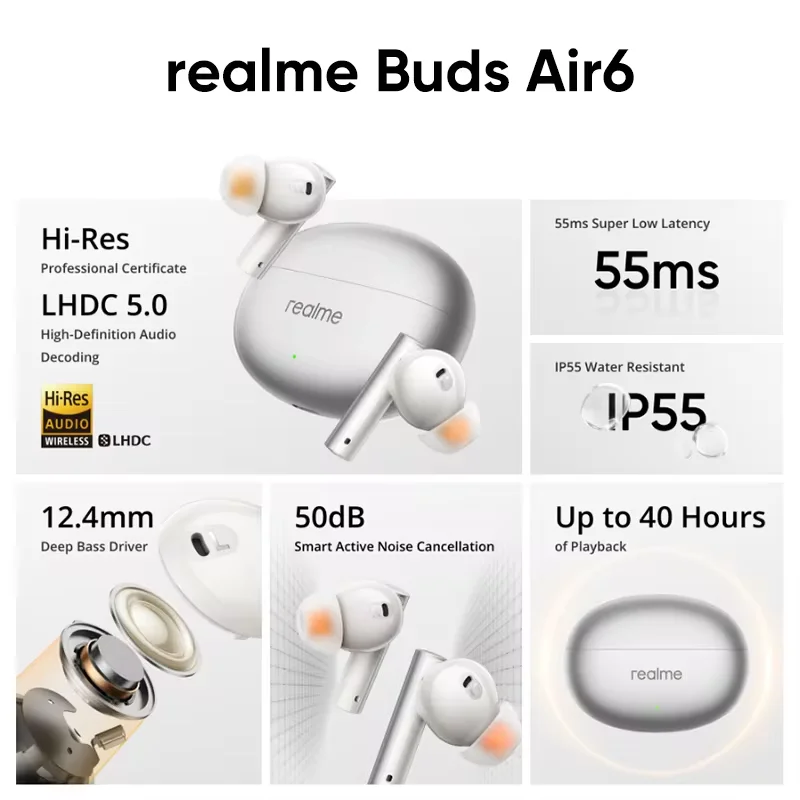 Global Version realme Buds Air 6 Wireless Earphone 50dB Active Noise Cancellation Bluetooth 5.3 Up to 40 Hours Battery Life