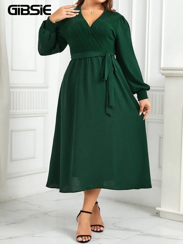 

GIBSIE Plus Size Spring Fall Dress for Women 2023 Winter Wrap V Neck Long Sleeve Elegant Swing A-Line Maxi Dresses with Belt