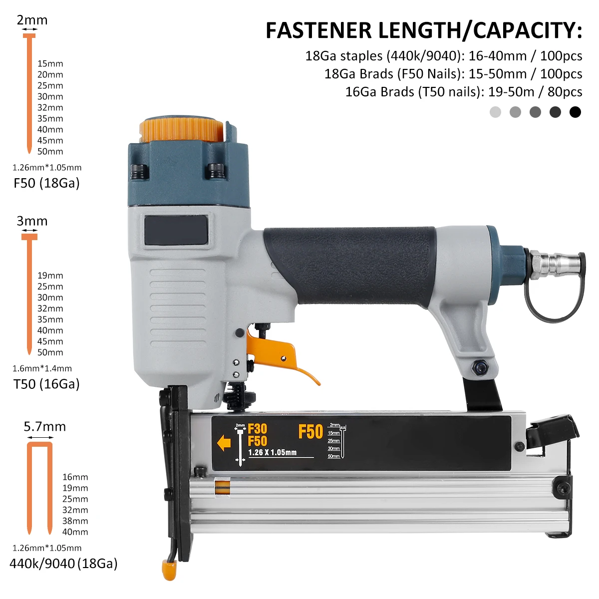 Pneumatic Nail Machine Air Nailer Carpenter Tool T50 F50 440K 16Ga/18Ga Air Brads Nailer Nail Depth for Woodworking Fence Floor 