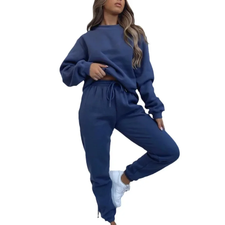 Casual Solid Pant Sets Women Two Piece Splice Round Neck Sweatshirt Pullover Long Pants Drawstring Thick Casual Office Lady