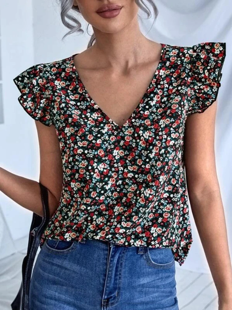 2024 Summer Fashion Printed Women\'s T-shirt Sleeveless V-neck Sexy Casual Home Small Fragmented Flower Basic Shirt Top