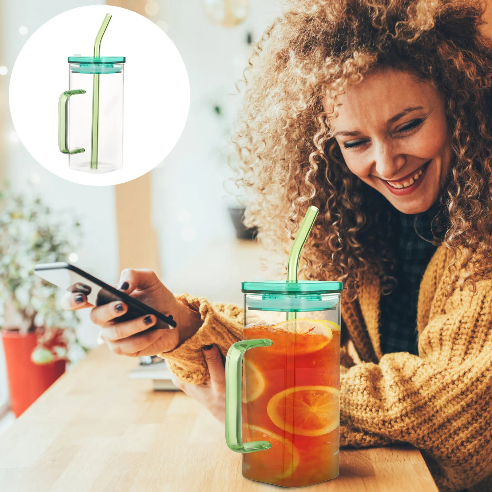 

1 Set High Borosilicate Glass Cup Square Design Household Glass Bottle Handle Lid Straw Iced Coffee Beer Cocktail Drinking Gift