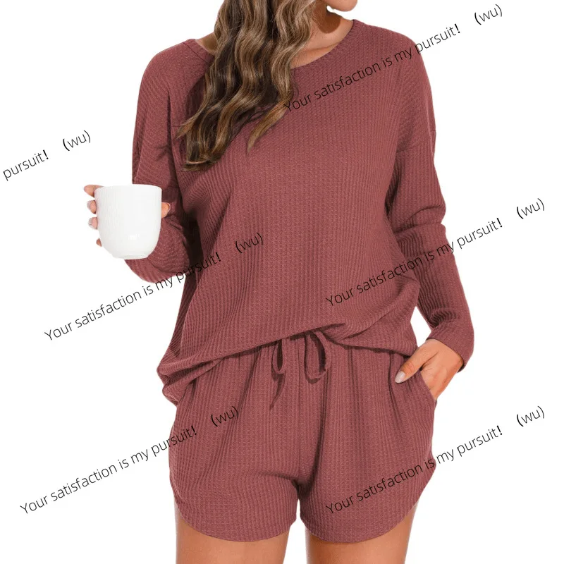 ZOCI-Conjunto de pijama de punto tipo gofre para mujer, top de manga larga y pantalones cortos con traje informal, se puede usar fuera de la ropa de descanso