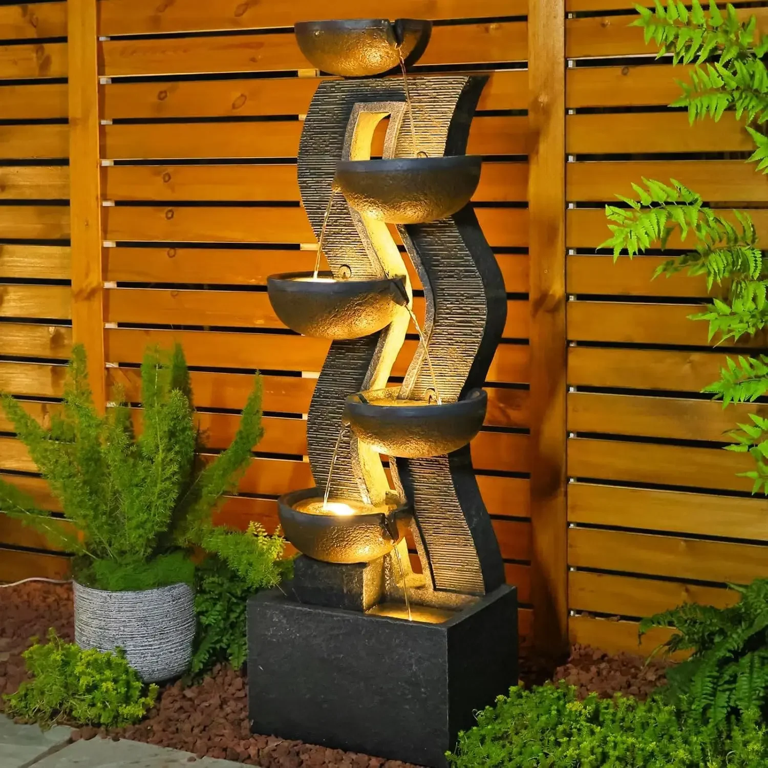 Bumilgar 52.8 in Modern Geometric Outdoor Water Fountain with LED Lights | Curved 6-Tier Cascade, Multi-Point Warm Glow, Weather