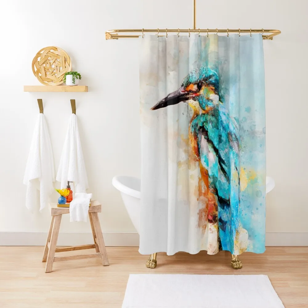 

Dramabite Watercolor kingfisher Shower Curtain Bathroom Decor Washable Waterproof Fabric Shower Curtain