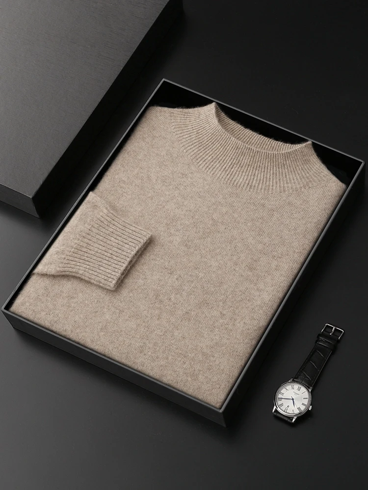 Men's Autumn Winter Mock Neck Basic Pullover 100% Cashmere Sweater Solid Color Simple Knitwear Soft Cashmere Clothing New Tops