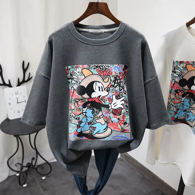 2023 New Mickey Mouse Short-sleeved T-shirt Women Korean Version Thickened Mid-length Streetwear Mickey Mouse Y2k Clothes Tops