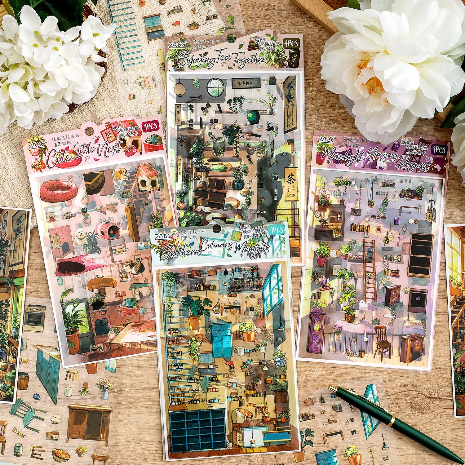 4sheets  Realistic Indoor Home Mini Diorama 3D Stickers, Decor Stickers for Diary Scrapbook Hand‑craft Project