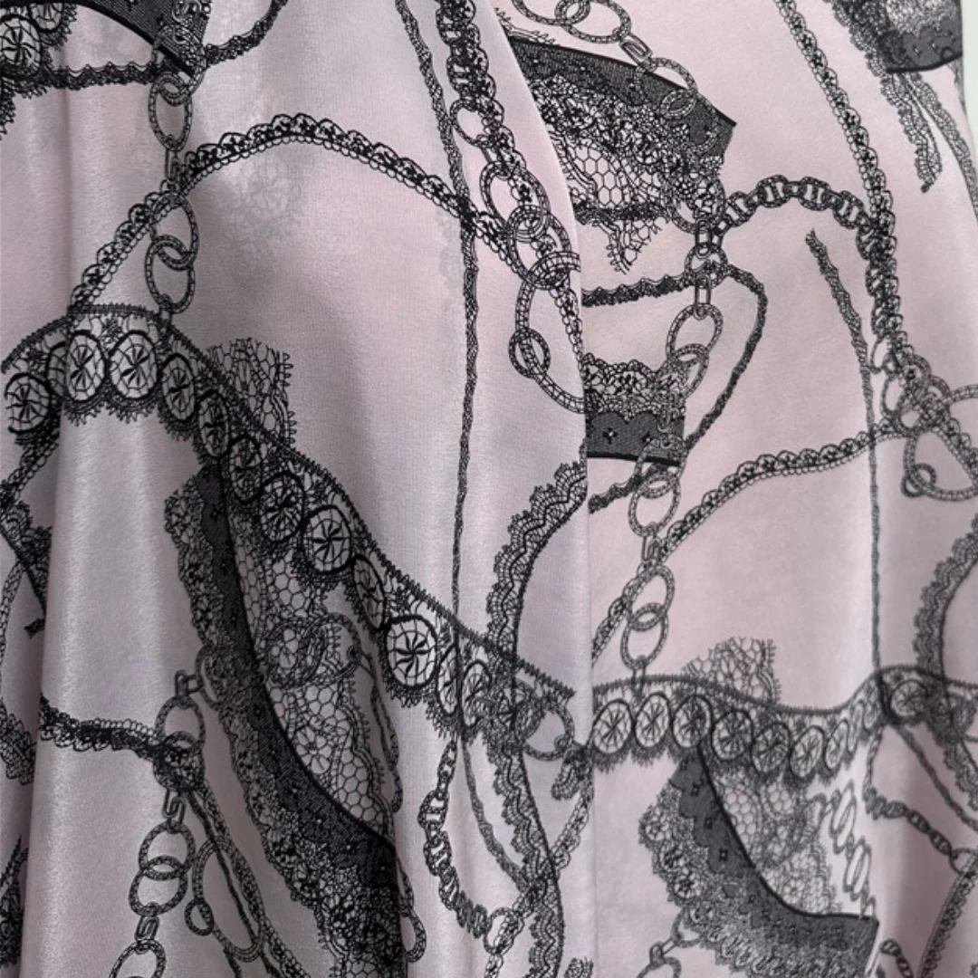 1 meter 100% Mulberry Silk 14 momme Crepe Silk Fabric Pink Purple with Black Lace Printed 138cm 54