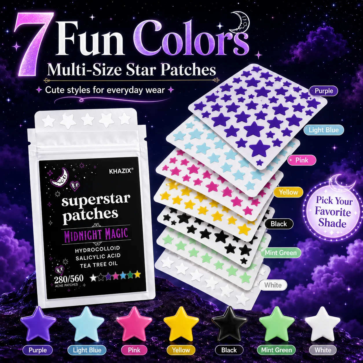 Hydrocolloid, Dermatologist Tested, Covers and Protects Visible Spots, Absorbs Gunk, 7Colors, Star stickers(280\560) view 6